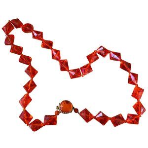 Vintage Western Germany Clear Orange Faceted Beaded Single Strand Necklace